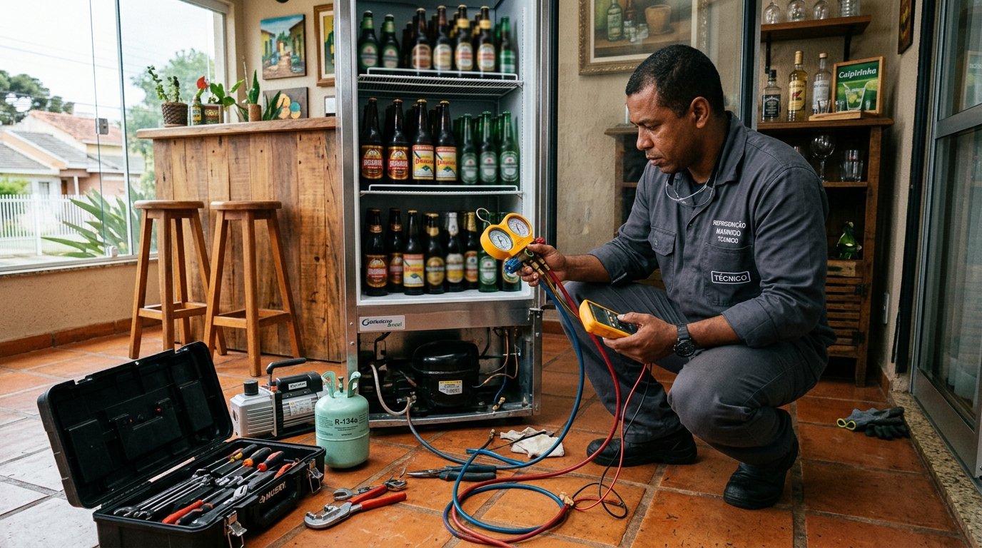 Profissional executando reparo no motor de cervejeira em Blumenau‑SC