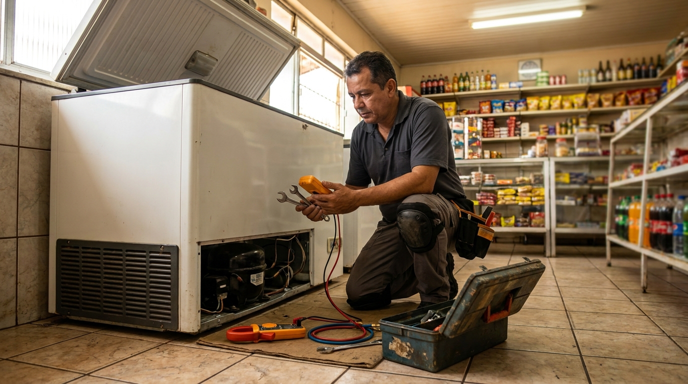 Profissional executando manutenção no motor de freezer em Blumenau‑SC
