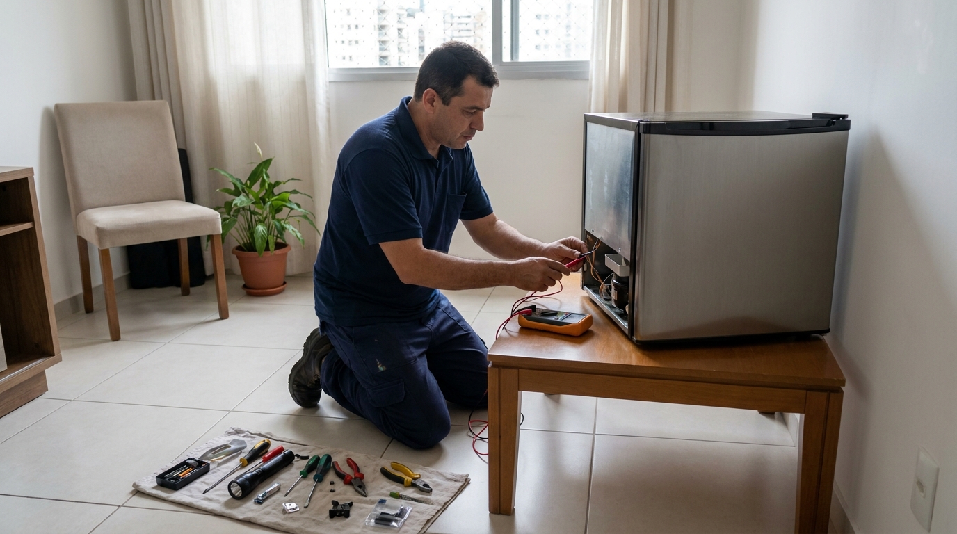 Técnico fazendo manutenção do motor de frigobar em Blumenau‑SC