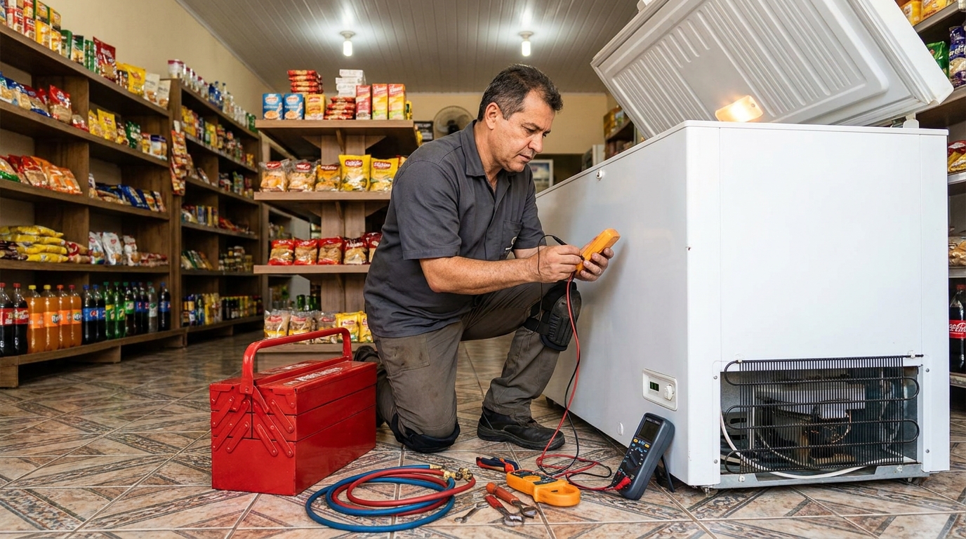 Recarga de gás refrigerante no freezer durante atendimento em Blumenau‑SC